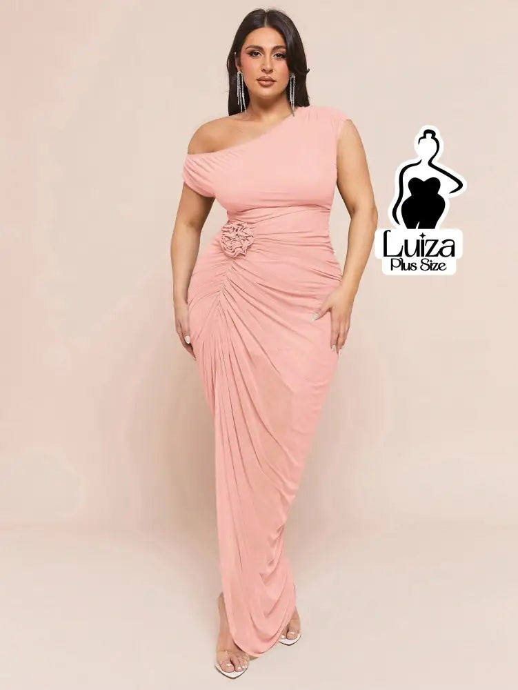 Vestido Longo Um Ombro Só Drapeado Detalhe Floral Plus Size Rosa / G Vestido Longo Um Ombro Só Drapeado Detalhe Floral