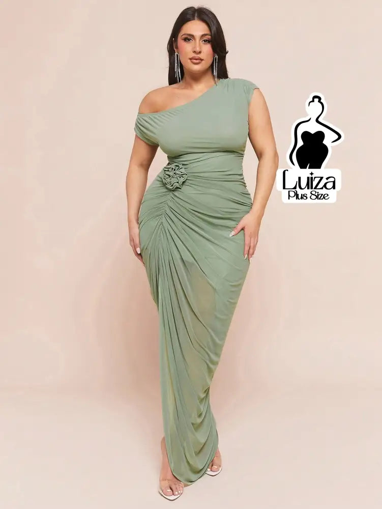 Vestido Longo Um Ombro Só Drapeado Detalhe Floral Plus Size Verde Menta / G Vestido Longo Um Ombro Só Drapeado Detalhe