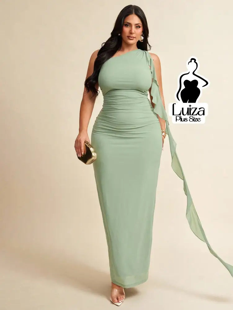 Vestido Longo Um Ombro Só Drapeado Faixa Lateral Plus Size Vestido Longo Um Ombro Só Drapeado Faixa Lateral Plus Size
