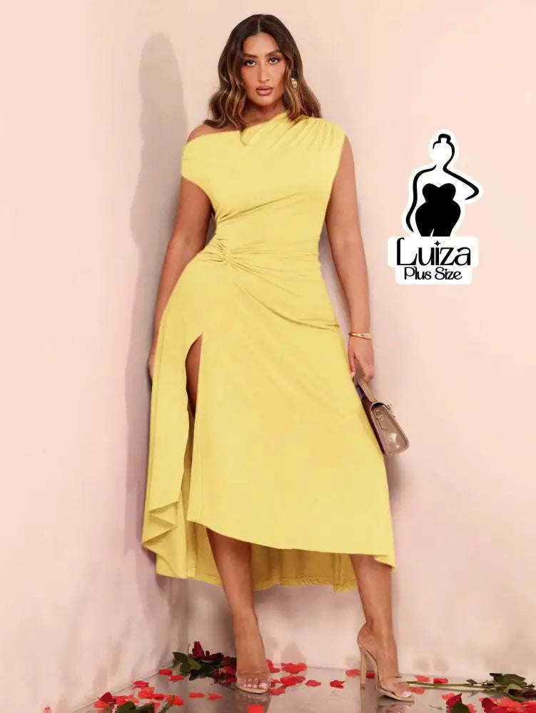 Vestido Midi Assimétrico Um Ombro Fenda Lateral Plus Size Amarela / G Vestido Midi Assimétrico Um Ombro Fenda Lateral