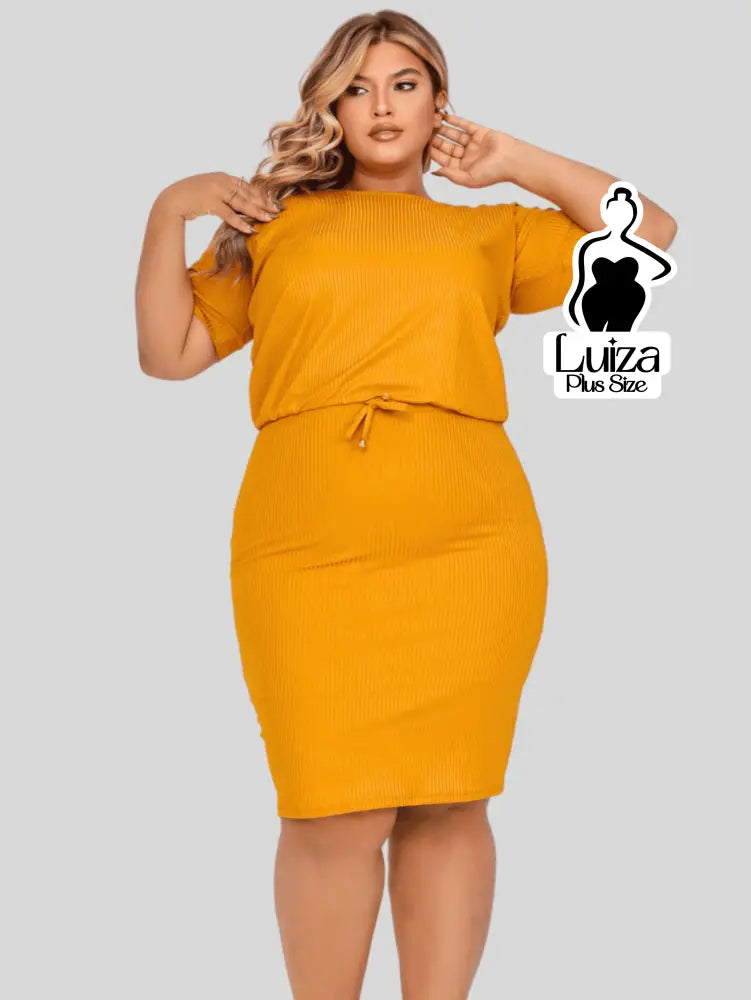 Vestido Midi Canelado Amarração Na Cintura Plus Size Amarela / G Vestido Midi Canelado Amarração Na Cintura Plus Size