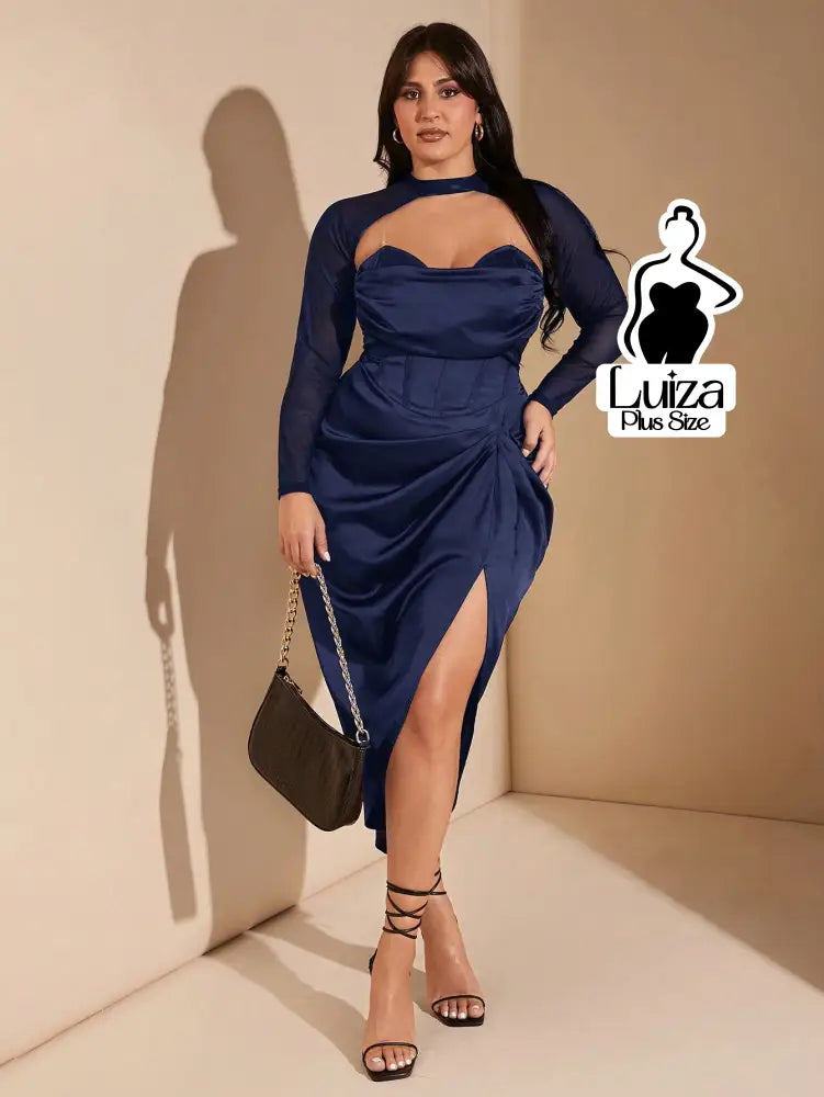 Vestido Midi Corset Manga Tule Fenda Lateral Plus Size Vestido Midi Corset Manga Tule Fenda Lateral Plus Size