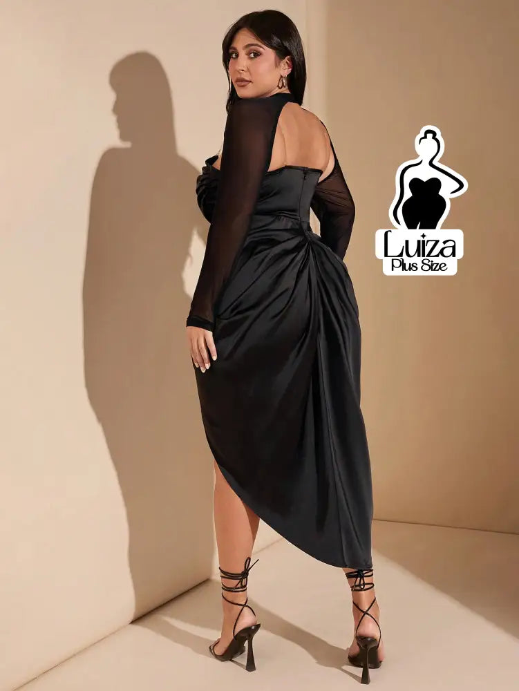 Vestido Midi Corset Manga Tule Fenda Lateral Plus Size Vestido Midi Corset Manga Tule Fenda Lateral Plus Size