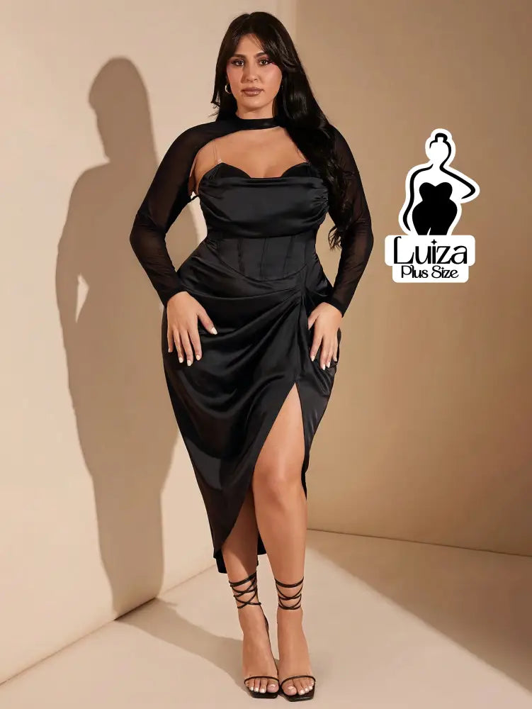 Vestido Midi Corset Manga Tule Fenda Lateral Plus Size Preto / G Vestido Midi Corset Manga Tule Fenda Lateral Plus Size