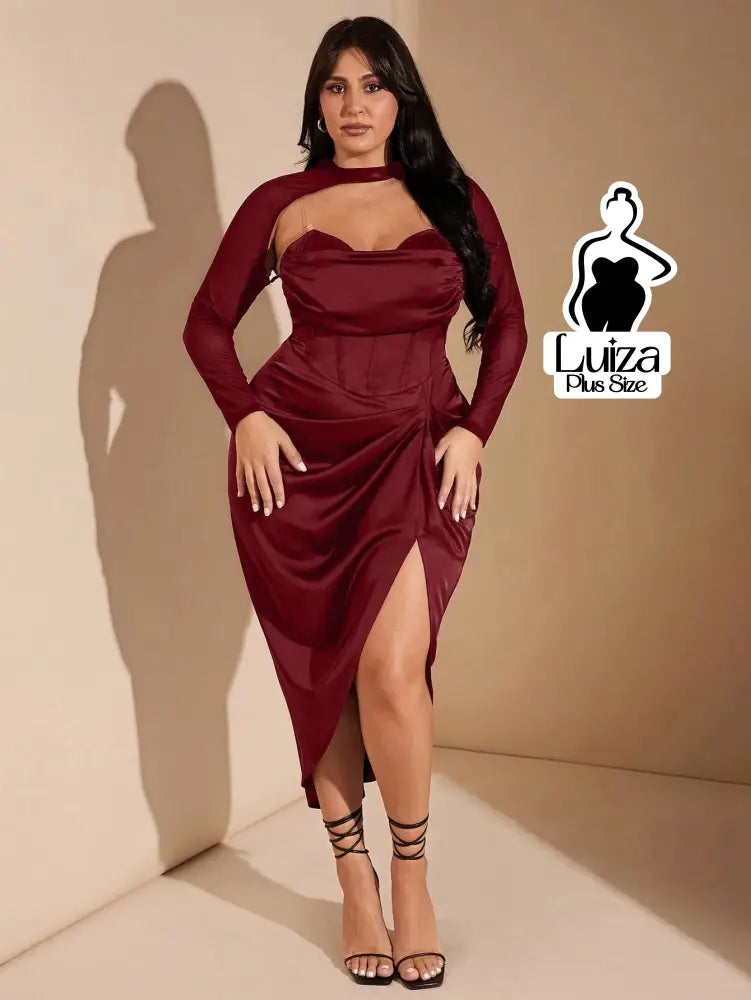 Vestido Midi Corset Manga Tule Fenda Lateral Plus Size Vinho / G Vestido Midi Corset Manga Tule Fenda Lateral Plus Size
