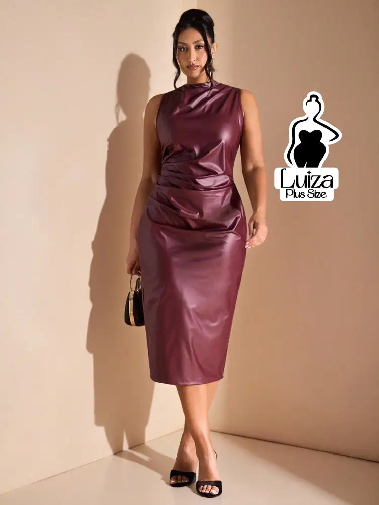 Vestido Midi Couro Sintético Drapeado Na Cintura Plus Size Roxo Escuro / G Vestido Midi Couro Sintético Drapeado Na