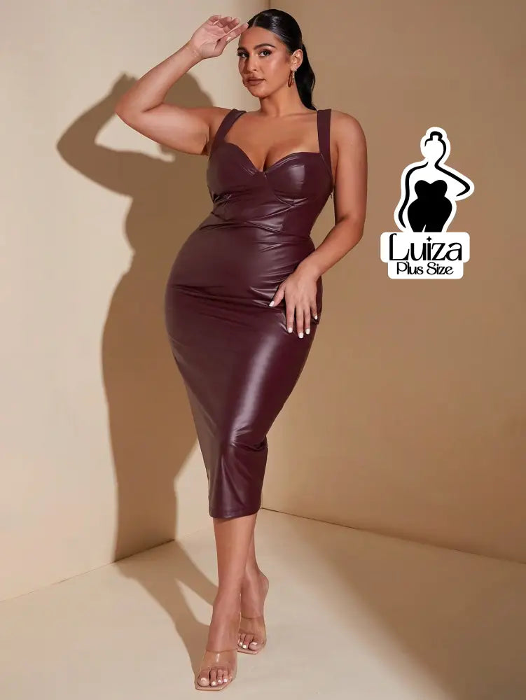 Vestido Midi Justo Alças Largas Sintético Plus Size Vestido Midi Justo Alças Largas Sintético Plus Size