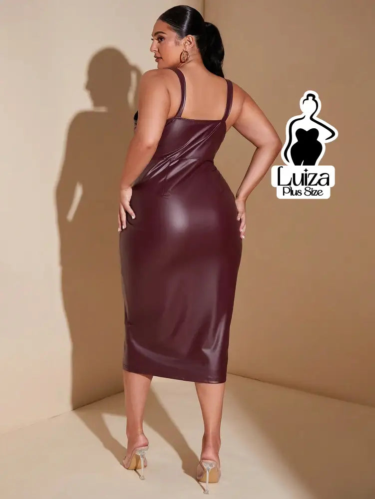 Vestido Midi Justo Alças Largas Sintético Plus Size Vestido Midi Justo Alças Largas Sintético Plus Size