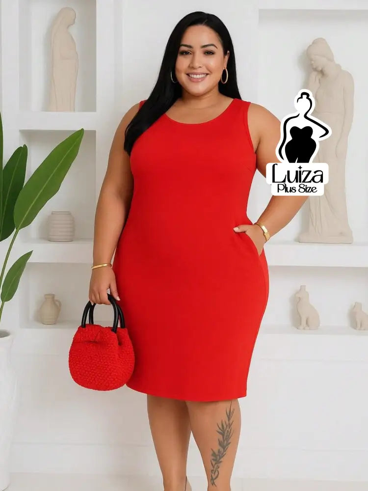 Vestido Midi Justo Sem Mangas Decote Quadrado Plus Size Vestido Midi Justo Sem Mangas Decote Quadrado Plus Size