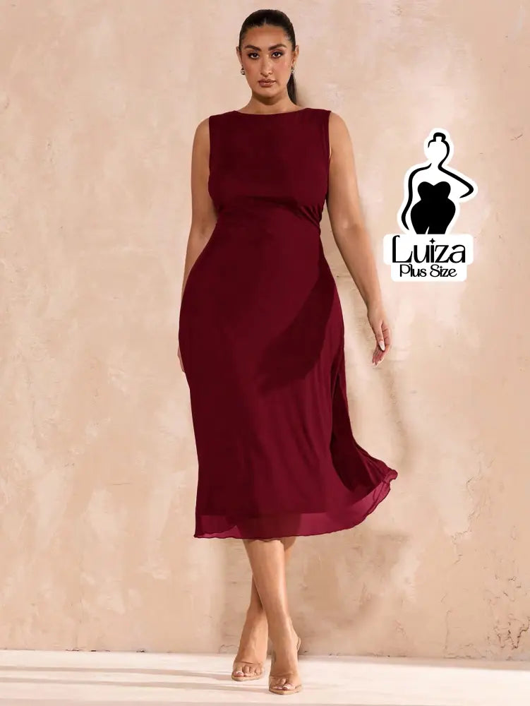Vestido Midi Minimalista Sem Mangas Elegante Plus Size Vinho / G Vestido Midi Minimalista Sem Mangas Elegante Plus Size