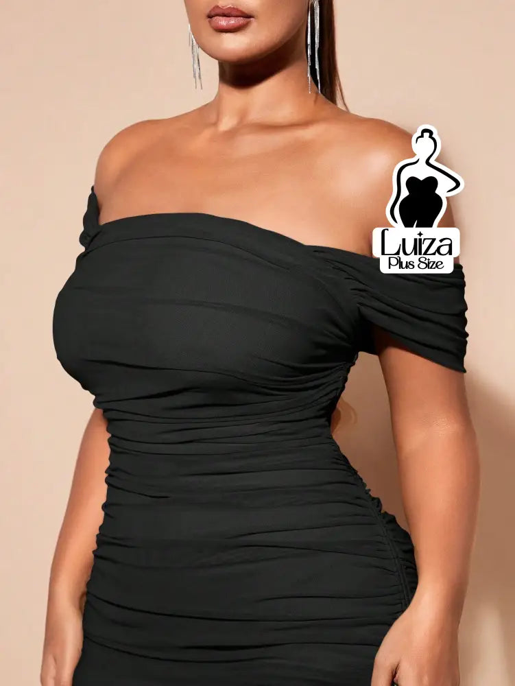 Vestido Midi Ombro A Ombro Justo Drapeado Plus Size Vestido Midi Ombro A Ombro Justo Drapeado Plus Size