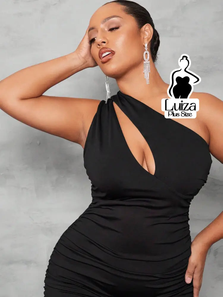 Vestido Midi Um Ombro Só Recorte Drapeado Elegante Plus Size Vestido Midi Um Ombro Só Recorte Drapeado Elegante Plus