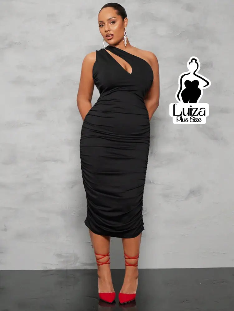 Vestido Midi Um Ombro Só Recorte Drapeado Elegante Plus Size Vestido Midi Um Ombro Só Recorte Drapeado Elegante Plus