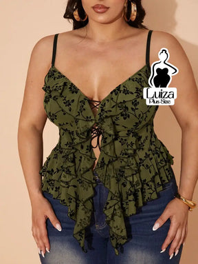 Blusa Alça Fina Floral Amarração Babados Plus Size Blusa Alça Fina Floral Amarração Babados Plus Size