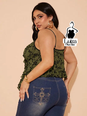 Blusa Alça Fina Floral Amarração Babados Plus Size Blusa Alça Fina Floral Amarração Babados Plus Size