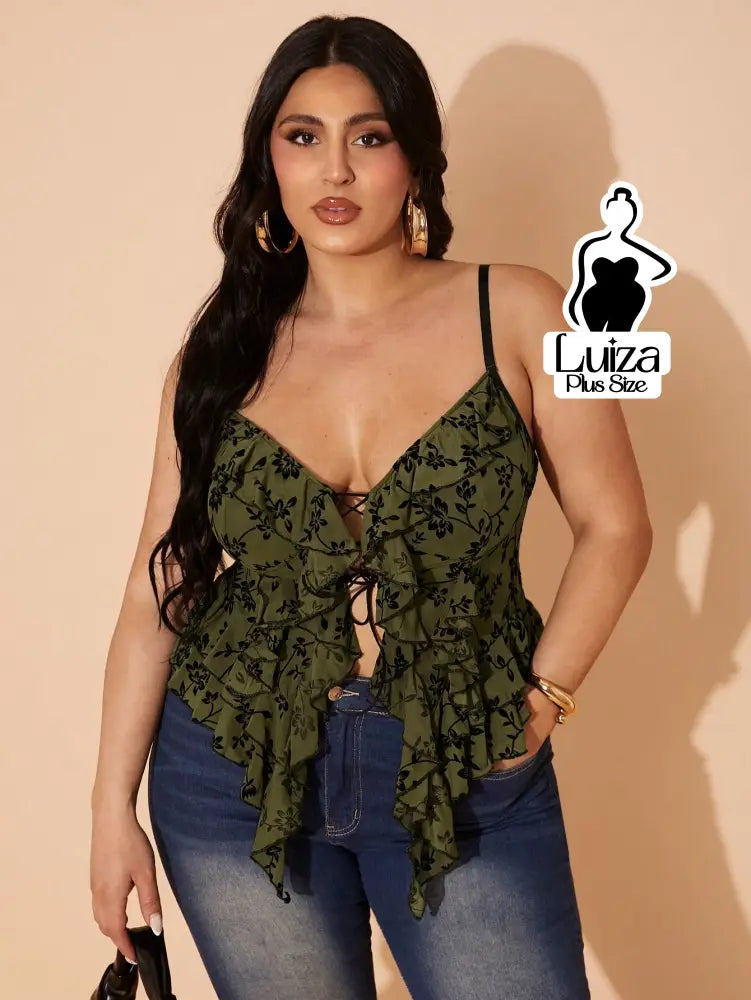 Blusa Alça Fina Floral Amarração Babados Plus Size Blusa Alça Fina Floral Amarração Babados Plus Size