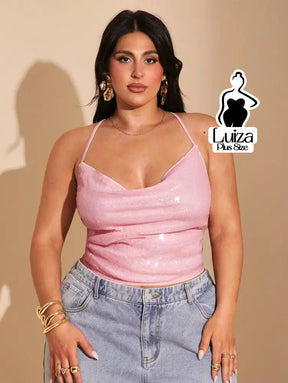 Blusa Alça Fina Paetê Decote Drapeado Plus Size Rosa / G Blusa Alça Fina Paetê Decote Drapeado Plus Size