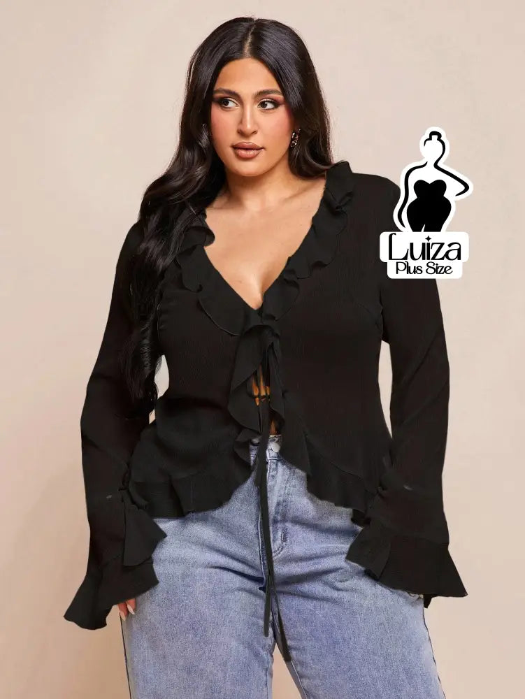 Blusa Chiffon Babados Amarração Frontal Plus Size Blusa Chiffon Babados Amarração Frontal Plus Size