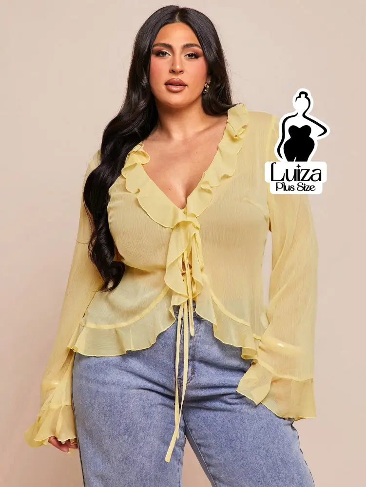 Blusa Chiffon Babados Amarração Frontal Plus Size Blusa Chiffon Babados Amarração Frontal Plus Size