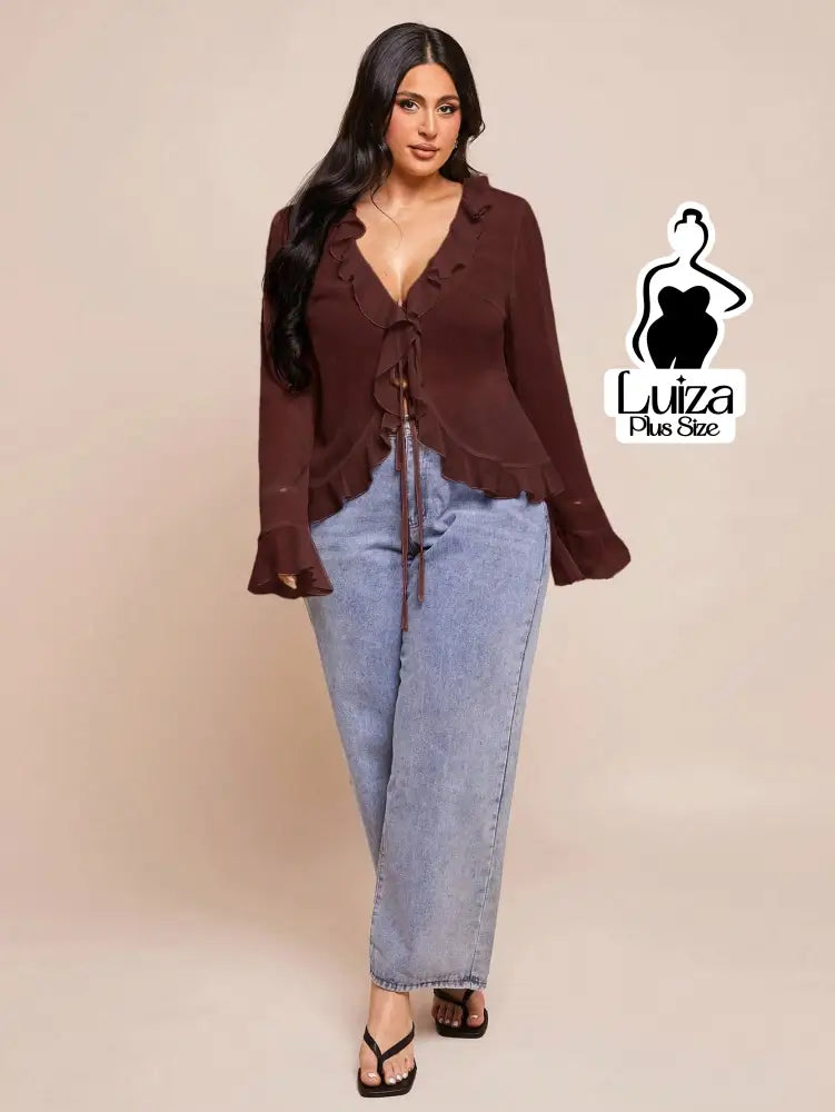 Blusa Chiffon Babados Amarração Frontal Plus Size Blusa Chiffon Babados Amarração Frontal Plus Size