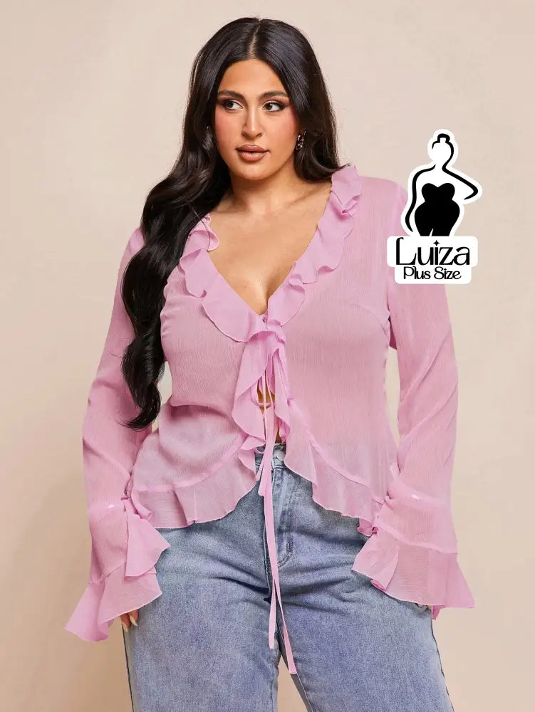 Blusa Chiffon Babados Amarração Frontal Plus Size Blusa Chiffon Babados Amarração Frontal Plus Size