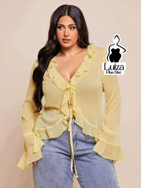 Blusa Chiffon Babados Amarração Frontal Plus Size Amarelo Claro / G Blusa Chiffon Babados Amarração Frontal Plus Size
