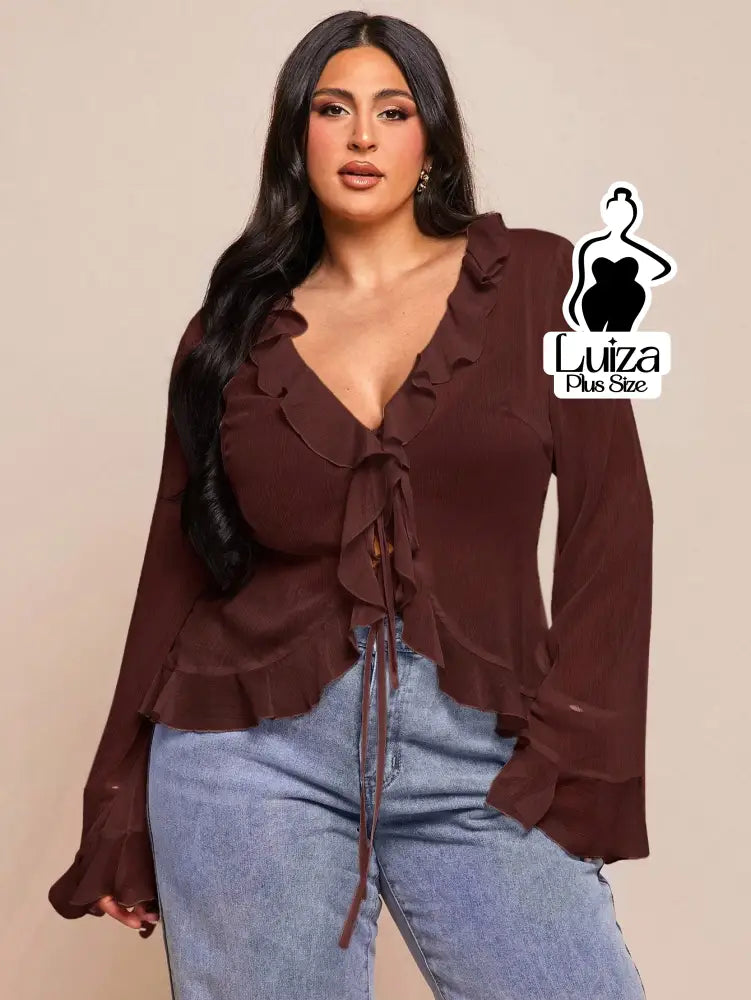 Blusa Chiffon Babados Amarração Frontal Plus Size Marrom / G Blusa Chiffon Babados Amarração Frontal Plus Size