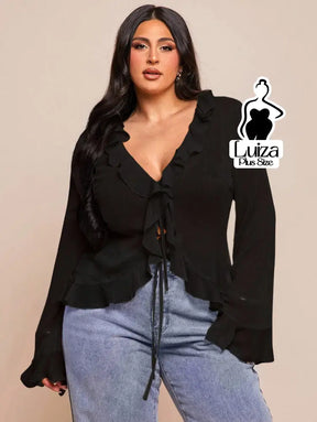 Blusa Chiffon Babados Amarração Frontal Plus Size Preto / G Blusa Chiffon Babados Amarração Frontal Plus Size