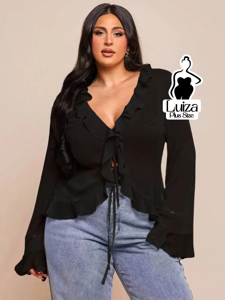Blusa Chiffon Babados Amarração Frontal Plus Size Preto / G Blusa Chiffon Babados Amarração Frontal Plus Size