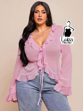 Blusa Chiffon Babados Amarração Frontal Plus Size Rosa / G Blusa Chiffon Babados Amarração Frontal Plus Size