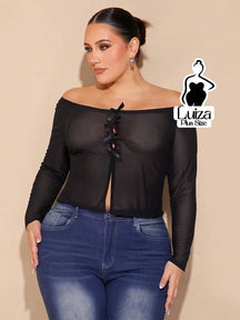 Blusa Ciganinha Tule Transparente Laços Frontais Plus Size Preto / G Blusa Ciganinha Tule Transparente Laços Frontais