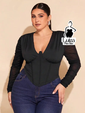 Blusa Corset Decote Profundo Manga Longa Tule Plus Size Blusa Corset Decote Profundo Manga Longa Tule Plus Size