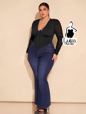 Blusa Corset Decote Profundo Manga Longa Tule Plus Size Blusa Corset Decote Profundo Manga Longa Tule Plus Size