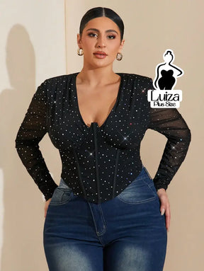 Blusa Corset Manga Longa Tule Brilho Glamouroso Plus Size Blusa Corset Manga Longa Tule Brilho Glamouroso Plus Size