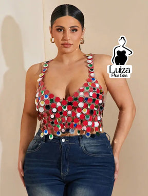 Blusa Cropped Correntes Metálicas Discos Espelhados Plus Size Blusa Cropped Correntes Metálicas Discos Espelhados Plus