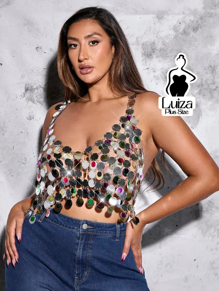 Blusa Cropped Correntes Metálicas Discos Espelhados Plus Size Blusa Cropped Correntes Metálicas Discos Espelhados Plus