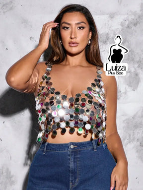 Blusa Cropped Correntes Metálicas Discos Espelhados Plus Size Prata / G Blusa Cropped Correntes Metálicas Discos