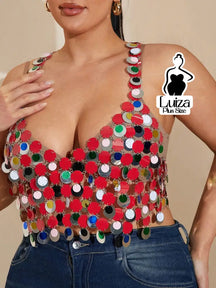 Blusa Cropped Correntes Metálicas Discos Espelhados Plus Size Vermelho / G Blusa Cropped Correntes Metálicas Discos