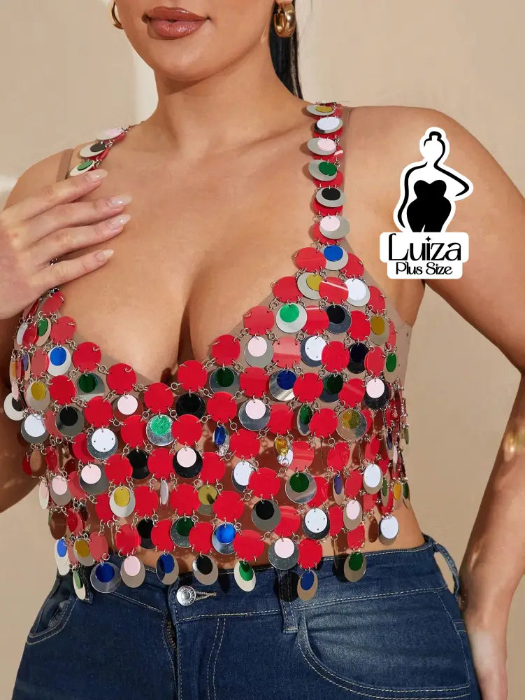 Blusa Cropped Correntes Metálicas Discos Espelhados Plus Size Vermelho / G Blusa Cropped Correntes Metálicas Discos