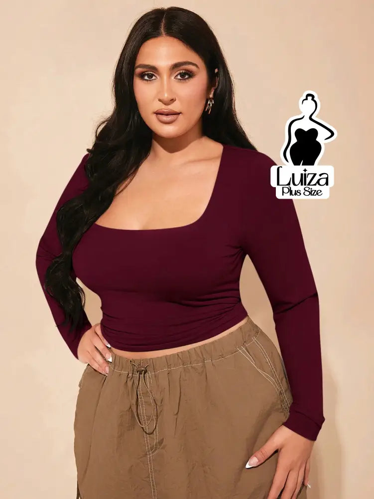 Blusa Cropped Justa Manga Longa Decote Quadrado Plus Size Blusa Cropped Justa Manga Longa Decote Quadrado Plus Size