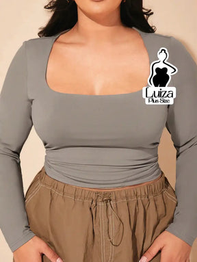 Blusa Cropped Justa Manga Longa Decote Quadrado Plus Size Cinza / G Blusa Cropped Justa Manga Longa Decote Quadrado