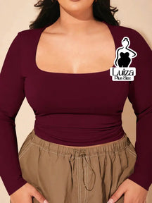 Blusa Cropped Justa Manga Longa Decote Quadrado Plus Size Vinho / G Blusa Cropped Justa Manga Longa Decote Quadrado