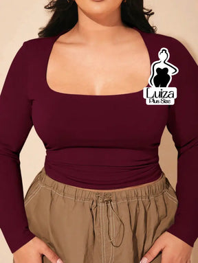 Blusa Cropped Justa Manga Longa Decote Quadrado Plus Size Vinho / G Blusa Cropped Justa Manga Longa Decote Quadrado