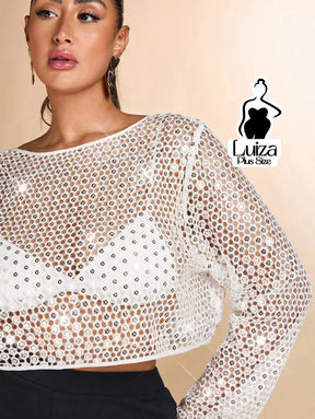 Blusa Cropped Manga Longa Renda Vazada Transparente Plus Size Blusa Cropped Manga Longa Renda Vazada Transparente Plus