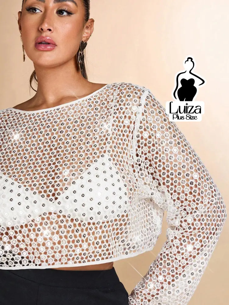 Blusa Cropped Manga Longa Renda Vazada Transparente Plus Size Blusa Cropped Manga Longa Renda Vazada Transparente Plus