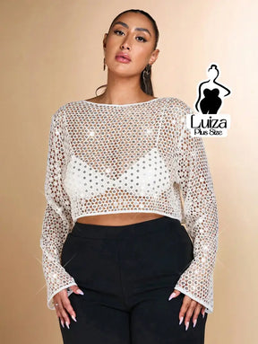 Blusa Cropped Manga Longa Renda Vazada Transparente Plus Size Blusa Cropped Manga Longa Renda Vazada Transparente Plus