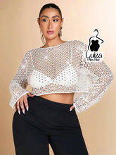 Blusa Cropped Manga Longa Renda Vazada Transparente Plus Size Branco / G Blusa Cropped Manga Longa Renda Vazada