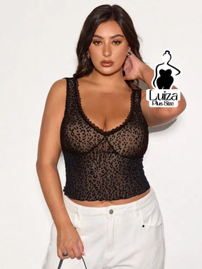 Blusa Cropped Renda Decote V Animal Print Plus Size Blusa Cropped Renda Decote V Animal Print Plus Size
