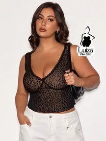 Blusa Cropped Renda Decote V Animal Print Plus Size Marrom / G Blusa Cropped Renda Decote V Animal Print Plus Size