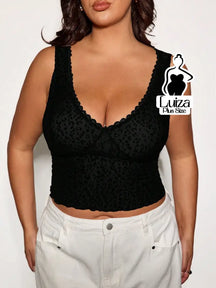 Blusa Cropped Renda Decote V Animal Print Plus Size Preto / G Blusa Cropped Renda Decote V Animal Print Plus Size